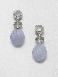 From the Carved Cable Collection. This ethereal style features a blend of blue chalcedony, prasiolite and aqua chalcedony, accented with brilliant diamonds and sleek sterling silver. Blue chalcedony, prasiolite and aqua chalcedonyDiamonds, .24 tcwSterling silverDrop, about 1Post backImported From the Carved Cable Collection. This ethereal style features a blend of blue chalcedony, prasiolite and aqua chalcedony, accented with brilliant diamonds and sleek sterling silver. Blue chalcedony, prasiolite and aqua chalcedonyDiamonds, .24 tcwSterling silverDrop, about 1Post backImported