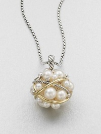 From the Pearl Collection. This elegant style features a bubble of luminous pearls accented with dazzling diamonds and wrapped in sterling silver and 18k gold on a sterling silver box chain. 3.5mm-7mm white round freshwater pearlsDiamonds, .12 tcw18k goldSterling silverLength, about 32Pendant size, about 1.25Lobster clasp closureImported 