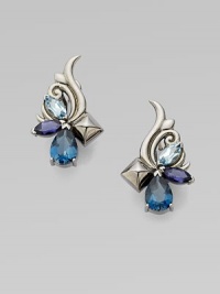 From the Silver Pop Superstud Collection. A pretty array of London blue topaz, sky blue topaz, iolite and tanzanite quartz in black rhodium plated sterling silver. London blue and sky blue topaz Tanzanite quartz and iolite Black rhodium plated sterling silver Hinge and 14k gold post back Drop, about 1 Imported From the Silver Pop Superstud Collection. A pretty array of London blue topaz, sky blue topaz, iolite and tanzanite quartz in black rhodium plated sterling silver. London blue and sky blue topaz Tanzanite quartz and iolite Black rhodium plated sterling silver Hinge and 14k gold post back Drop, about 1 Imported