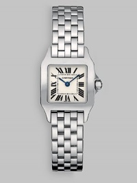 Stainless steel crown set with faceted synthetic spinal has silver grained dial and stainless steel bracelet. Blue steel hands Case, 28mm X 22mm, 1.10 X 0.87 Case depth, 5.5mm, 0.22 Roman numerals Cartier caliber 157 quartz movement Water-resistant to 100 feet Band width, 12mm, 0.47 Made in Switzerland Stainless steel crown set with faceted synthetic spinal has silver grained dial and stainless steel bracelet. Blue steel hands Case, 28mm X 22mm, 1.10 X 0.87 Case depth, 5.5mm, 0.22 Roman numerals Cartier caliber 157 quartz movement Water-resistant to 100 feet Band width, 12mm, 0.47 Made in Switzerland