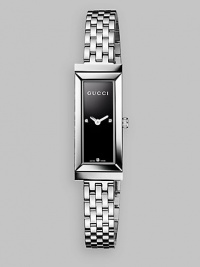 From the G-Frame Collection. A simple rectangular case with triple diamond accents for a purely understated style.Quartz movement Water resistant to 3 ATM Rectangular stainless steel case, 34mm x 14mm (1.33 x .55) Black lacquered dial Diamonds at 3, 6, and 9 o'clock Stainless steel bracelet Deployment buckle Made in Switzerland From the G-Frame Collection. A simple rectangular case with triple diamond accents for a purely understated style.Quartz movement Water resistant to 3 ATM Rectangular stainless steel case, 34mm x 14mm (1.33 x .55) Black lacquered dial Diamonds at 3, 6, and 9 o'clock Stainless steel bracelet Deployment buckle Made in Switzerland
