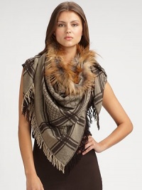 A signature design with luxurious dyed fox fur trim. Fox fur-trimmed collarSignature GG patternFringed edges70% wool/30% silkSize, about 45 X 50Dry cleanMade in Italy Fur origin: Finland A signature design with luxurious dyed fox fur trim. Fox fur-trimmed collarSignature GG patternFringed edges70% wool/30% silkSize, about 45 X 50Dry cleanMade in Italy Fur origin: Finland
