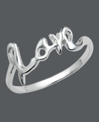 Spell out your inner inspiration with polished style. This shiny Unwritten ring features the word Love written in cursive sterling silver. Sizes 7 and 8. Spell out your inner inspiration with polished style. This shiny Unwritten ring features the word Love written in cursive sterling silver. Sizes 7 and 8.
