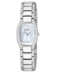 A pristine and clean watch from Citizen, with luxurious elements abound. Silvertone stainless steel bracelet with Swarovski crystal accents and cushion-shaped case. Cushion-shaped mother-of-pearl dial with logo and stick indices. Analog movement. Splash resistant. Five-year warranty. A pristine and clean watch from Citizen, with luxurious elements abound. Silvertone stainless steel bracelet with Swarovski crystal accents and cushion-shaped case. Cushion-shaped mother-of-pearl dial with logo and stick indices. Analog movement. Splash resistant. Five-year warranty.