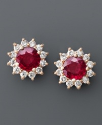 Style with a regal flair. These head-turning earrings from Royalty Inspired by Effy Collection feature bright red rubies (2 ct. t.w.) surrounded by a halo of sparkling round-cut diamonds (5/8 ct. t.w.). Set in 14k rose gold. Approximate diameter: 1/2 inch. Style with a regal flair. These head-turning earrings from Royalty Inspired by Effy Collection feature bright red rubies (2 ct. t.w.) surrounded by a halo of sparkling round-cut diamonds (5/8 ct. t.w.). Set in 14k rose gold. Approximate diameter: 1/2 inch.