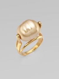 A single champagne pearl sits atop this 18k goldplated sterling silver ring. 16mm baroque champagne organic man-made pearl 18k goldplated sterling silver Width, about ¾ Imported A single champagne pearl sits atop this 18k goldplated sterling silver ring. 16mm baroque champagne organic man-made pearl 18k goldplated sterling silver Width, about ¾ Imported