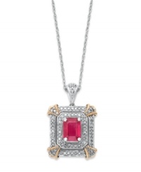Royal etiquette. An emerald-cut ruby (2 ct. t.w.) sits front and center amidst two rows of round-cut diamonds (3/8 ct. t.w.). Set in 14k white gold with 14k rose gold corners. Approximate length: 18 inches. Approximate drop: 1 inch. Royal etiquette. An emerald-cut ruby (2 ct. t.w.) sits front and center amidst two rows of round-cut diamonds (3/8 ct. t.w.). Set in 14k white gold with 14k rose gold corners. Approximate length: 18 inches. Approximate drop: 1 inch.