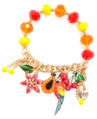 Tropically charming. Betsey Johnson's antique gold tone mixed metal half stretch bracelet is quite colorful featuring red, orange, and yellow faceted beads, a multi-colored parrot with gold-tone details, red cherries, an orange papaya, a red flower, and a green and gold-tone leaf. Approximate length: 7-1/2 inches. Tropically charming. Betsey Johnson's antique gold tone mixed metal half stretch bracelet is quite colorful featuring red, orange, and yellow faceted beads, a multi-colored parrot with gold-tone details, red cherries, an orange papaya, a red flower, and a green and gold-tone leaf. Approximate length: 7-1/2 inches.