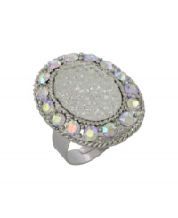 All that glitters. An elegant oval shape is adorned with a glittery surface and sparkling iridescent glass stones on this City by City ring. Crafted in hematite tone mixed metal. Sizes 5, 6, 7, 8 and 9. All that glitters. An elegant oval shape is adorned with a glittery surface and sparkling iridescent glass stones on this City by City ring. Crafted in hematite tone mixed metal. Sizes 5, 6, 7, 8 and 9.