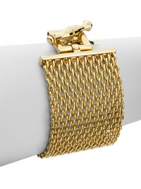 THE LOOKChainmail design18k electroplated goldToggle clasp with logo charmTHE MEASUREMENTWidth, about 1¾Length, about 7½ORIGINMade in Italy THE LOOKChainmail design18k electroplated goldToggle clasp with logo charmTHE MEASUREMENTWidth, about 1¾Length, about 7½ORIGINMade in Italy