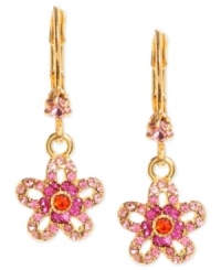 Pick these! Betsey Johnson's flower drop earrings are crafted from gold-tone mixed metal with colorful glass crystal accents adding a vibrant pop. Approximate drop: 1-1/5 inches. Pick these! Betsey Johnson's flower drop earrings are crafted from gold-tone mixed metal with colorful glass crystal accents adding a vibrant pop. Approximate drop: 1-1/5 inches.