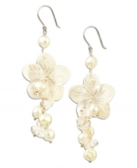 Floral etiquette. Sweet clusters of cultured freshwater pearls (6-7 mm), cultured Mother of Pearl (5-9/10 mm) and sparkling crystals form a pretty floral shape. Set in sterling silver. Approximate drop: 2 inches. Floral etiquette. Sweet clusters of cultured freshwater pearls (6-7 mm), cultured Mother of Pearl (5-9/10 mm) and sparkling crystals form a pretty floral shape. Set in sterling silver. Approximate drop: 2 inches.