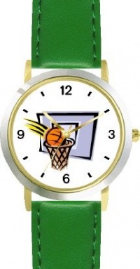 Basketball, Hoop, Backboard, Swish Basketball Theme - WATCHBUDDY® DELUXE TWO-TONE THEME WATCH - Arabic Numbers - Green Leather Strap-Children's Size-Small ( Boy's Size & Girl's Size ) Basketball, Hoop, Backboard, Swish Basketball Theme - WATCHBUDDY® DELUXE TWO-TONE THEME WATCH - Arabic Numbers - Green Leather Strap-Children's Size-Small ( Boy's Size & Girl's Size )