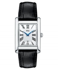 Accessorize with sophistication. Handsome Filmore watch by ESQ by Movado crafted of black croc-embossed leather strap and rectangular stainless steel case. Silver tone dial with textured inner dial features black Roman numerals at markers, minute track, date window at six o'clock, two blue hands and logo. Swiss quartz movement. Water resistant to 30 meters. Two-year limited warranty. Accessorize with sophistication. Handsome Filmore watch by ESQ by Movado crafted of black croc-embossed leather strap and rectangular stainless steel case. Silver tone dial with textured inner dial features black Roman numerals at markers, minute track, date window at six o'clock, two blue hands and logo. Swiss quartz movement. Water resistant to 30 meters. Two-year limited warranty.