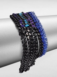 Inspired by cultures and travels around the world, this thread accented link chain design is elegant, yet colorful. Matte black-plated brassPolyester threadLength, about 6Lobster clasp closureMade in USA Inspired by cultures and travels around the world, this thread accented link chain design is elegant, yet colorful. Matte black-plated brassPolyester threadLength, about 6Lobster clasp closureMade in USA