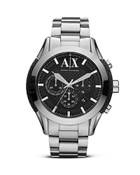 This gleaming watch from Armani Exchange is a solid piece of fashion hardware. Crafted of stainless steel, it features chronograph movement for an uptick in stylish practicality. This gleaming watch from Armani Exchange is a solid piece of fashion hardware. Crafted of stainless steel, it features chronograph movement for an uptick in stylish practicality.