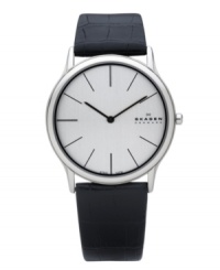 Get there in the nick of time with the ultra-slim design of this modern watch by Skagen Denmark. Black croc-embossed leather strap and round stainless steel case. Silver tone dial features black stick indices, two hands and logo. Quartz movement. Water resistant to 30 meters. Limited lifetime warranty. Get there in the nick of time with the ultra-slim design of this modern watch by Skagen Denmark. Black croc-embossed leather strap and round stainless steel case. Silver tone dial features black stick indices, two hands and logo. Quartz movement. Water resistant to 30 meters. Limited lifetime warranty.