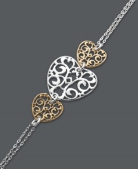 Always the romantic. Express yourself with this adorable triple heart bracelet by Giani Bernini. Filigree setting and double chain crafted in sterling silver and 24k gold over sterling silver. Approximate length: 8 inches. Always the romantic. Express yourself with this adorable triple heart bracelet by Giani Bernini. Filigree setting and double chain crafted in sterling silver and 24k gold over sterling silver. Approximate length: 8 inches.