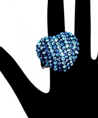 Large Teal & Aqua Blue Striped Crystal Covered Heart Fashion Ring on Black Stretch Band Large Teal & Aqua Blue Striped Crystal Covered Heart Fashion Ring on Black Stretch Band