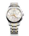 A handsome chronograph with signature Victorinox Swiss Army sophistication. Alliance collection watch crafted of two-tone stainless steel bracelet and round case with anti-reflective sapphire crystal. Silver tone chronograph dial features applied gold tone stick indices, numerals at three, six and nine o'clock, date window, three subdials, three hands and logo at twelve o'clock. Swiss quartz movement. Water resistant to 100 meters. Three-year limited warranty.