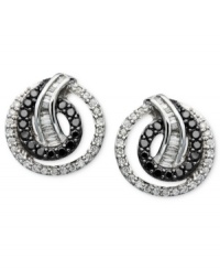 Perfect for day or evening - these Wrapped in Love™ studs are the epitome of sophistication. Crafted in sterling silver, earrings feature round-cut black diamonds (1/4 ct. t.w.) and round and baguette-cut white diamonds (1/2 ct. t.w.). Approximate diameter: 1/2 inch. Perfect for day or evening - these Wrapped in Love™ studs are the epitome of sophistication. Crafted in sterling silver, earrings feature round-cut black diamonds (1/4 ct. t.w.) and round and baguette-cut white diamonds (1/2 ct. t.w.). Approximate diameter: 1/2 inch.