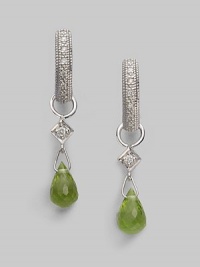 18K white gold shimmers with a diamond accent and vibrant peridot briolette drop.Diamond, 0.03 tcw Peridot 18K white gold Length, about ½ Imported Please note: Hoop earrings sold separately. 18K white gold shimmers with a diamond accent and vibrant peridot briolette drop.Diamond, 0.03 tcw Peridot 18K white gold Length, about ½ Imported Please note: Hoop earrings sold separately.