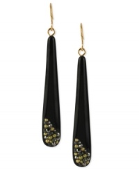 Kenneth Cole New York makes a bold statement with this set of drop earrings. Gold-tone mixed metal is the foundation for the black earrings, and glass crystal accents add luster. Approximate drop: 2-1/2 inches. Kenneth Cole New York makes a bold statement with this set of drop earrings. Gold-tone mixed metal is the foundation for the black earrings, and glass crystal accents add luster. Approximate drop: 2-1/2 inches.