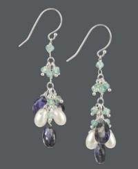 Calming and chic, these cluster earrings shine with the addition of apatite and lolite gemstones (14-5/8 ct. t.w.) and shimmery cultured freshwater pearls (4-5 mm). Set in sterling silver. Approximate drop: 2 inches. Calming and chic, these cluster earrings shine with the addition of apatite and lolite gemstones (14-5/8 ct. t.w.) and shimmery cultured freshwater pearls (4-5 mm). Set in sterling silver. Approximate drop: 2 inches.