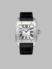 The large Santos® was designed to commemorate the 100-year anniversay of the first Santos de Cartier watch. Automatic movement Water-resistant to 330 feet Stainless steel case, 38mm square (1.5) Black alligator strap, 23mm wide (.91) Triple deployant buckle Made in Switzerland The large Santos® was designed to commemorate the 100-year anniversay of the first Santos de Cartier watch. Automatic movement Water-resistant to 330 feet Stainless steel case, 38mm square (1.5) Black alligator strap, 23mm wide (.91) Triple deployant buckle Made in Switzerland