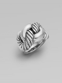From the Cordelia Collection. Large intertwined knots of classic cable and smooth sterling silver elegantly grace the finger. Sterling silver Width, about 1 Made in USA From the Cordelia Collection. Large intertwined knots of classic cable and smooth sterling silver elegantly grace the finger. Sterling silver Width, about 1 Made in USA