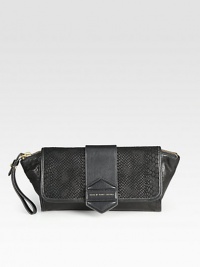 A modern and chic style in supple leather accented with python embossed suede.Wrist strap, 6 dropTop zip closure with magnetic snap flapOne inside zip pocketTwo inside open pocketsFully lined10½W X 6½H X 2DImported A modern and chic style in supple leather accented with python embossed suede.Wrist strap, 6 dropTop zip closure with magnetic snap flapOne inside zip pocketTwo inside open pocketsFully lined10½W X 6½H X 2DImported