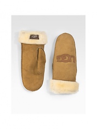 Classic style in cozy shearling sheepskin with leather logo detail on front. Back logo tab detailAbout 10 longSpecialist dry cleanImportedFur origin: Spain Classic style in cozy shearling sheepskin with leather logo detail on front. Back logo tab detailAbout 10 longSpecialist dry cleanImportedFur origin: Spain
