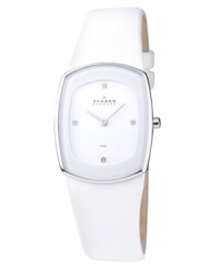 Classic white design that never goes out of style. This Skagen Denmark watch features a white leather strap and stainless steel case. White dial with Swarovski crystals at indices and logo. Quartz movement. Water resistant to 30 meters. Limited lifetime warranty. Classic white design that never goes out of style. This Skagen Denmark watch features a white leather strap and stainless steel case. White dial with Swarovski crystals at indices and logo. Quartz movement. Water resistant to 30 meters. Limited lifetime warranty.