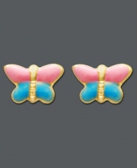 A precious design for your sweet little girl. These butterfly stud earrings feature a 14k gold post setting with colorful pink and blue enamel. Approximate diameter: 1/4 inch. A precious design for your sweet little girl. These butterfly stud earrings feature a 14k gold post setting with colorful pink and blue enamel. Approximate diameter: 1/4 inch.