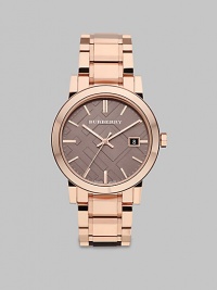 A signature check stamped design with automatic movement in stainless steel link bracelet.Quartz movementRound bezelWater resistant to 5ATMDate display at 3 o'clockSecond handStainless steel case: 38mm(1.50)Stainless steel link braceletImported A signature check stamped design with automatic movement in stainless steel link bracelet.Quartz movementRound bezelWater resistant to 5ATMDate display at 3 o'clockSecond handStainless steel case: 38mm(1.50)Stainless steel link braceletImported