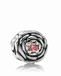 Pandora's delicately carved sterling silver rose charm features a sparking salmon zirconia center. Pandora's delicately carved sterling silver rose charm features a sparking salmon zirconia center.