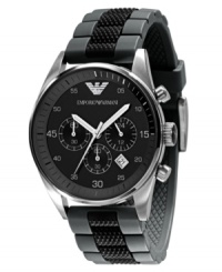 A valiant watch by Emporio Armani. Black and gray textured silicone strap and round stainless steel case. Black chronograph dial with silvertone numerals, logo, date window and three subdials. Analog movement. Water resistant to 50 meters. Two-year limited warranty. A valiant watch by Emporio Armani. Black and gray textured silicone strap and round stainless steel case. Black chronograph dial with silvertone numerals, logo, date window and three subdials. Analog movement. Water resistant to 50 meters. Two-year limited warranty.