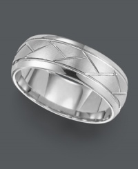 Add sophistication with mesmerizing style. This stately men's ring by Triton features an intricate, lined pattern in a scratch-resistant white tungsten carbide band (8 mm). Sizes 8-15. Add sophistication with mesmerizing style. This stately men's ring by Triton features an intricate, lined pattern in a scratch-resistant white tungsten carbide band (8 mm). Sizes 8-15.