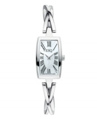 A delicate bangle bracelet sets a graceful tone on the ESQ Sienna watch by ESQ by Movado. Stainless steel bangle bracelet and tonneau case. Mother-of-pearl dial features black Roman numerals, two silver tone hands and logo. Swiss quartz movement. Water resistant to 30 meters. Two-year limited warranty. A delicate bangle bracelet sets a graceful tone on the ESQ Sienna watch by ESQ by Movado. Stainless steel bangle bracelet and tonneau case. Mother-of-pearl dial features black Roman numerals, two silver tone hands and logo. Swiss quartz movement. Water resistant to 30 meters. Two-year limited warranty.