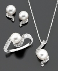 Enjoy style with sparkling fluidity. This jewelry set features round-cut diamond (1/8 ct. t.w.) and cultured freshwater pearl set in sterling silver. Pendant measures approximately 18 inches with a 3/4-inch drop. Earrings measure approximately 1/4 inch. Ring size 7. Enjoy style with sparkling fluidity. This jewelry set features round-cut diamond (1/8 ct. t.w.) and cultured freshwater pearl set in sterling silver. Pendant measures approximately 18 inches with a 3/4-inch drop. Earrings measure approximately 1/4 inch. Ring size 7.