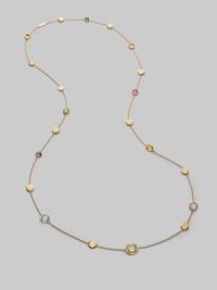 From the Jaipur Collection. A colorful array of faceted semi-precious gemstones, interspersed with textured gold discs, creates a look of modern drama and delicate grace. Stones may include tourmaline, quartz, topaz, peridot, rhodolite garnet, iolite, tanzanite, aquamarine and apatite 18k yellow gold Length, about 36 Lobster clasp Made in Italy Please note: Stones may vary. From the Jaipur Collection. A colorful array of faceted semi-precious gemstones, interspersed with textured gold discs, creates a look of modern drama and delicate grace. Stones may include tourmaline, quartz, topaz, peridot, rhodolite garnet, iolite, tanzanite, aquamarine and apatite 18k yellow gold Length, about 36 Lobster clasp Made in Italy Please note: Stones may vary.