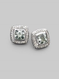 From the Petite Albion Collection. A shimmering center of faceted prasiolite, surrounded by pavé diamonds set in sterling silver. Diamonds, 0.42 tcw Prasiolite Sterling silver About ¼ square Post back Imported From the Petite Albion Collection. A shimmering center of faceted prasiolite, surrounded by pavé diamonds set in sterling silver. Diamonds, 0.42 tcw Prasiolite Sterling silver About ¼ square Post back Imported