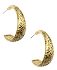 Subtly-serpentine style. The intricate snake detailing on RACHEL Rachel Roy's trendy hoop earrings brings this traditional style into the now. Crafted in gold-plated mixed metal. Approximate diameter: 1-1/2 inches. Subtly-serpentine style. The intricate snake detailing on RACHEL Rachel Roy's trendy hoop earrings brings this traditional style into the now. Crafted in gold-plated mixed metal. Approximate diameter: 1-1/2 inches.