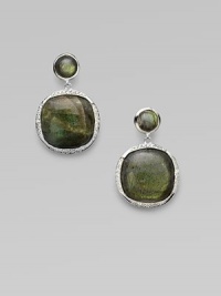 From the Scultura Collection. Two beautiful, linked labradorite cabochons set in sterling silver embellished with a pavé diamond bezel. LabradoriteDiamonds, .33 tcwSterling silverLength, about 1¼Post backImported 