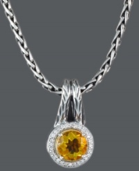A sunshine-inspired drop elevates any look. Balissima by Effy Collection's stunning pendant necklace features a round-cut citrine (1-5/8 ct. t.w.) surrounded by sparkling, round-cut diamonds (1/8 ct. t.w.). Set in sterling silver with 18k gold accents. Approximate length: 18 inches. Approximate pendant drop: 9/10 inch. Approximate pendant width: 1/2 inch. A sunshine-inspired drop elevates any look. Balissima by Effy Collection's stunning pendant necklace features a round-cut citrine (1-5/8 ct. t.w.) surrounded by sparkling, round-cut diamonds (1/8 ct. t.w.). Set in sterling silver with 18k gold accents. Approximate length: 18 inches. Approximate pendant drop: 9/10 inch. Approximate pendant width: 1/2 inch.