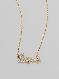 A message of love, demurely depicted in diamonds set in graceful script letters on a 14k gold chain. Diamonds, 0.18 tcw 14k yellow gold Chain length, about 16 Pendant width, about ½ Lobster clasp Made in USA A message of love, demurely depicted in diamonds set in graceful script letters on a 14k gold chain. Diamonds, 0.18 tcw 14k yellow gold Chain length, about 16 Pendant width, about ½ Lobster clasp Made in USA