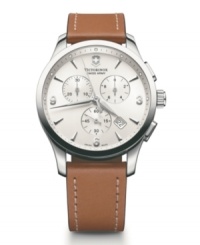 Clean, handsome and forever stylish: Alliance watch by Victorinox Swiss Army. Brown leather strap and round stainless steel case. Anti-reflective triple-coated sapphire crystal. White chronograph dial features applied silver tone numerals and stick indices, minute track, date window, three subdials, three hands and logo at twelve o'clock. Swiss quartz movement. Water resistant to 100 meters. Three-year limited warranty. Clean, handsome and forever stylish: Alliance watch by Victorinox Swiss Army. Brown leather strap and round stainless steel case. Anti-reflective triple-coated sapphire crystal. White chronograph dial features applied silver tone numerals and stick indices, minute track, date window, three subdials, three hands and logo at twelve o'clock. Swiss quartz movement. Water resistant to 100 meters. Three-year limited warranty.