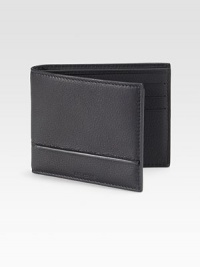 An elegant accompaniment in pebbled leather with a debossed logo and thin narrow detail. One bill compartmentSix card slots4¼W X 3½HMade in Italy