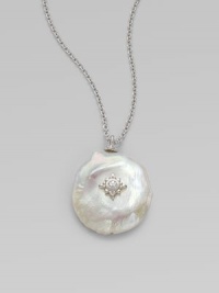 From the Aspen Collection. A lustrous white baroque coin freshwater pearl hangs from a graceful chain, with accents of shimmering white sapphires.White freshwater pearlWhite sapphireRhodium platedChain length, about 17Pendant length, about 1¼Lobster claspImported From the Aspen Collection. A lustrous white baroque coin freshwater pearl hangs from a graceful chain, with accents of shimmering white sapphires.White freshwater pearlWhite sapphireRhodium platedChain length, about 17Pendant length, about 1¼Lobster claspImported