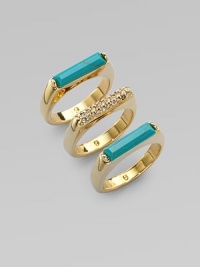 Three exquisite rings with either bold turquoise bars or dazzling rhinestones, perfect for stacking. TurquoiseGlass stonesGoldtone brassWidth, about ¾Imported Three exquisite rings with either bold turquoise bars or dazzling rhinestones, perfect for stacking. TurquoiseGlass stonesGoldtone brassWidth, about ¾Imported